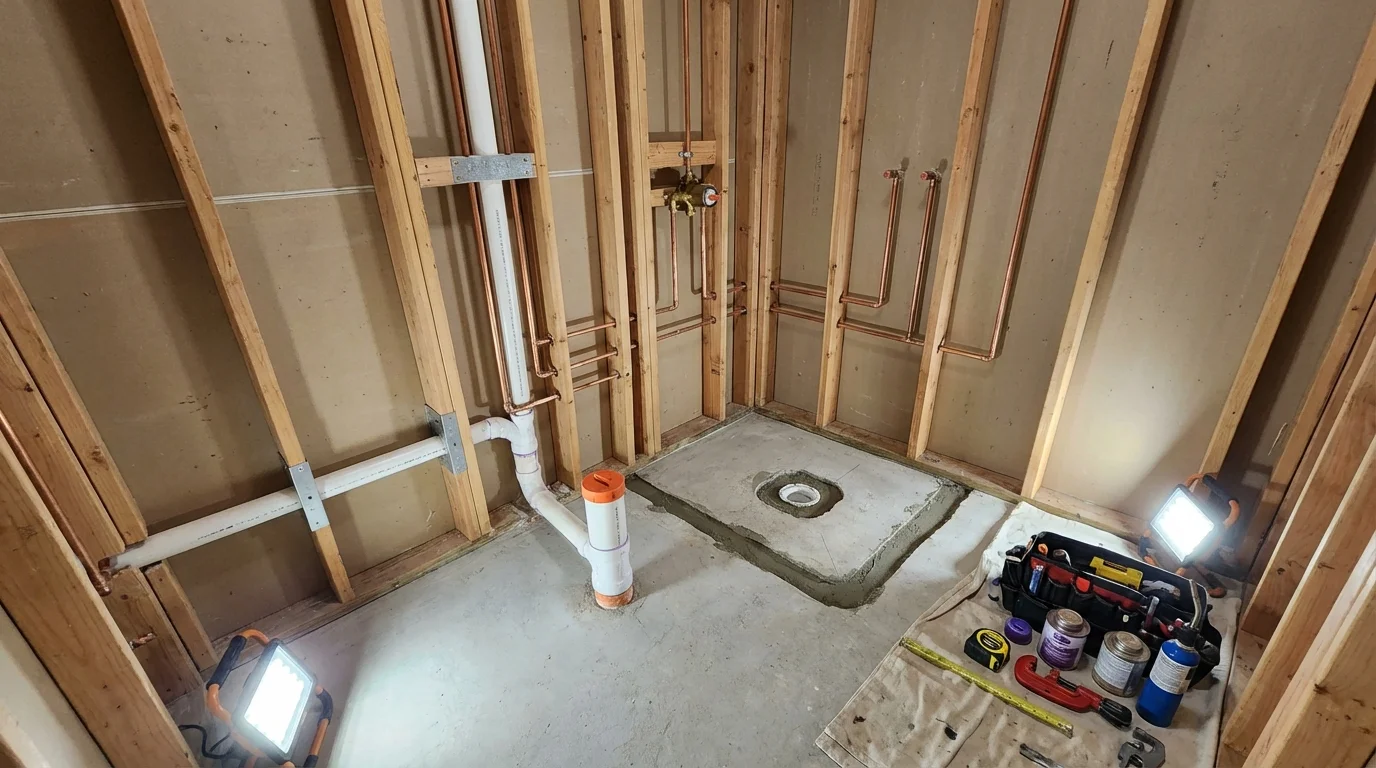 Bathroom rough-in plumbing during remodel by Johns Plumbing LLC in Montross