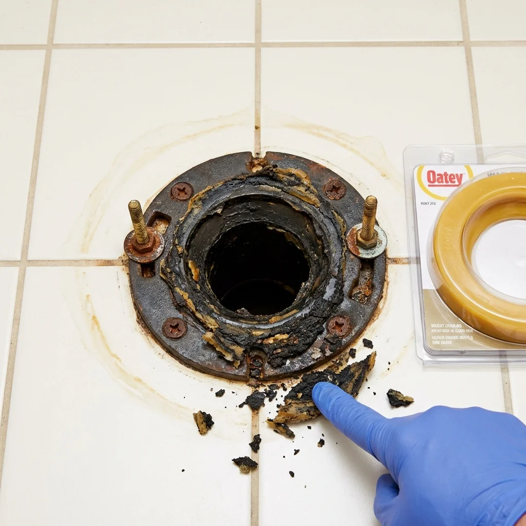 Failed wax ring showing water seepage at the base of a toilet in a Montross, VA home
