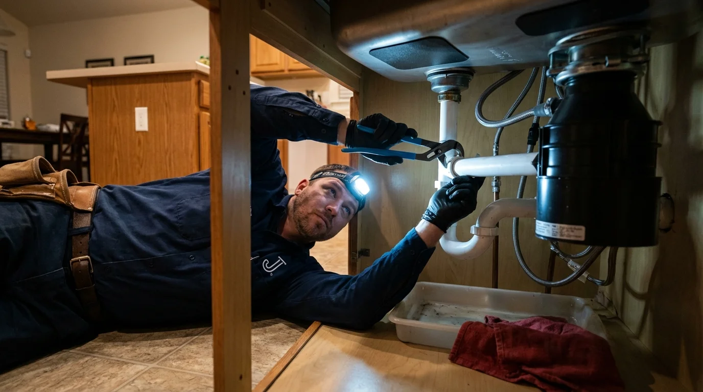 P-trap and supply line connections under a kitchen sink showing a common leak point in Montross, VA